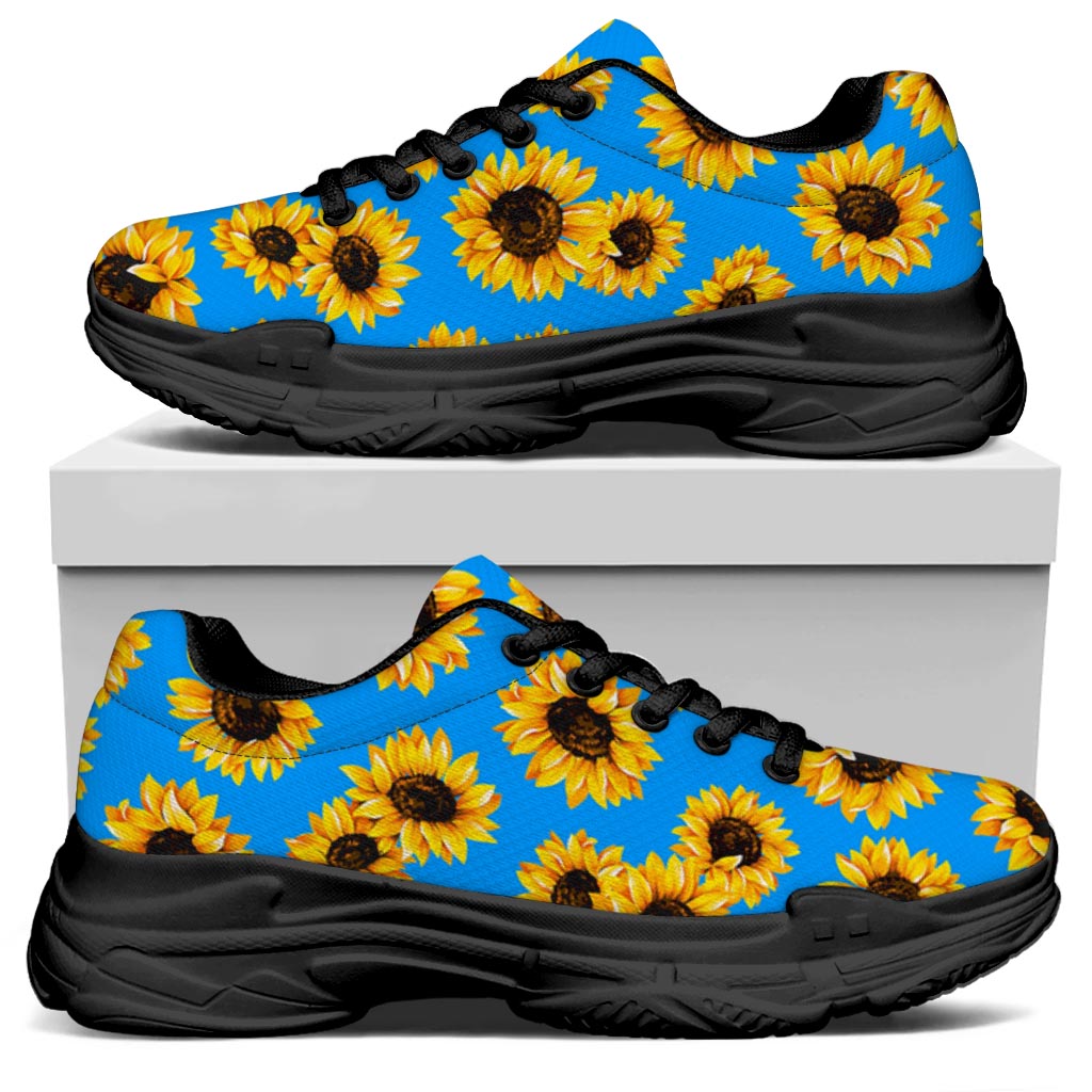 Blue Sunflower Pattern Print Black Chunky Shoes