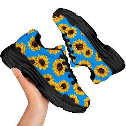 Blue Sunflower Pattern Print Black Chunky Shoes