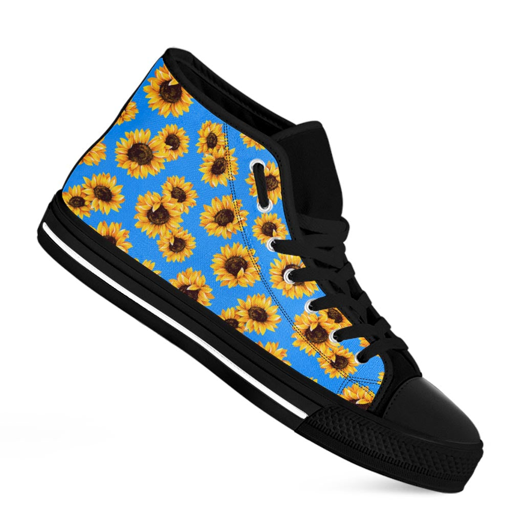 Blue Sunflower Pattern Print Black High Top Sneakers