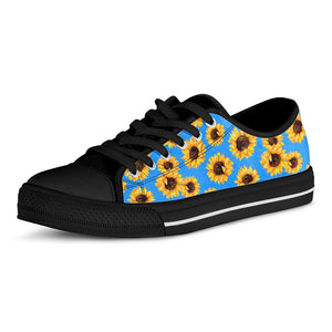 Blue Sunflower Pattern Print Black Low Top Sneakers