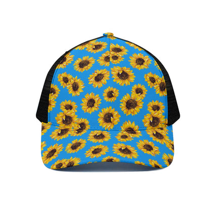 Blue Sunflower Pattern Print Black Mesh Trucker Cap
