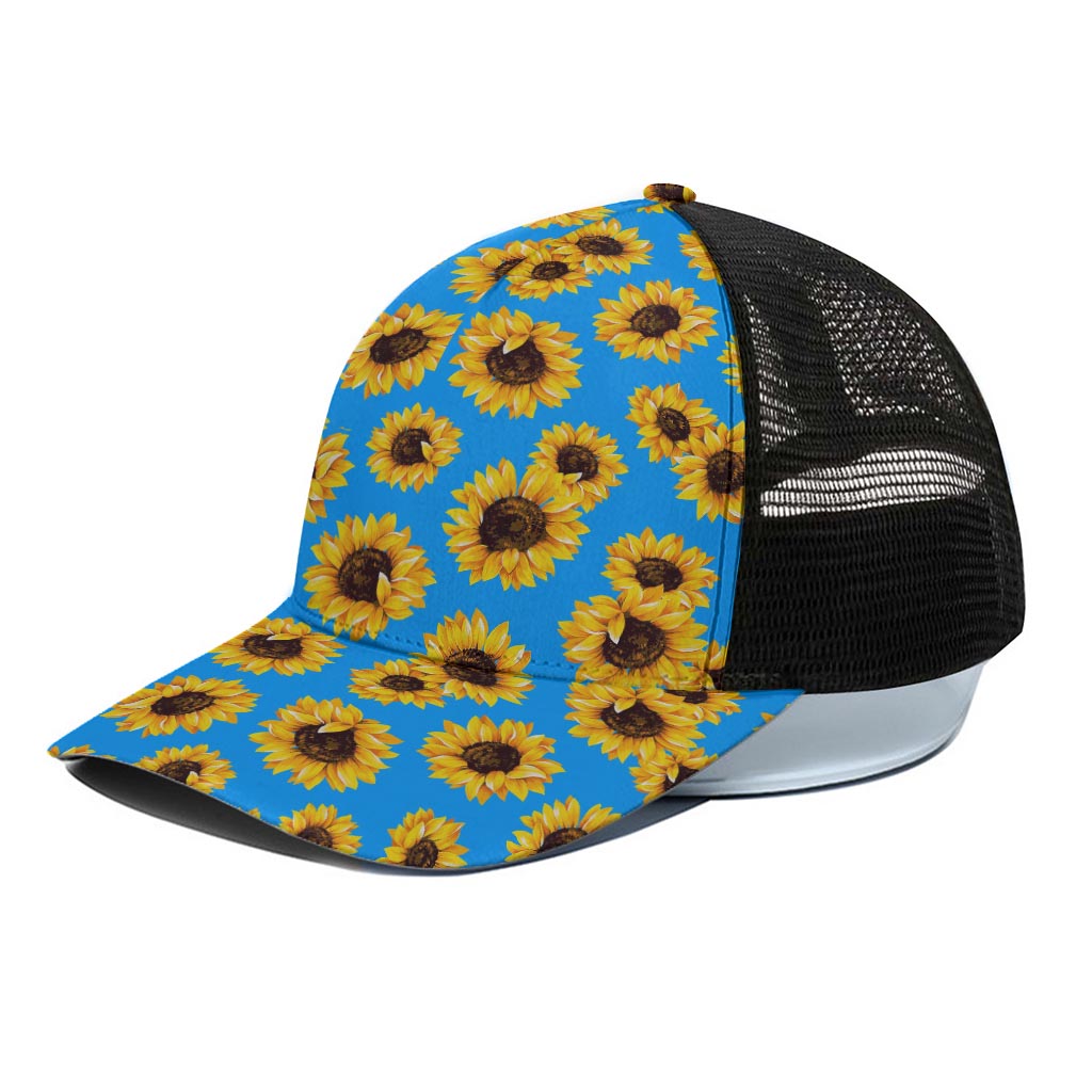 Blue Sunflower Pattern Print Black Mesh Trucker Cap