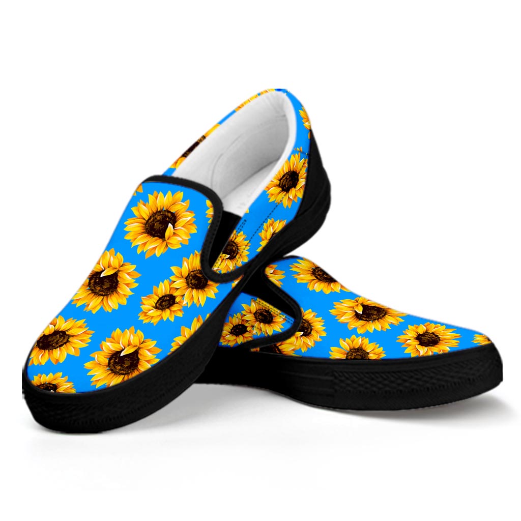 Blue Sunflower Pattern Print Black Slip On Sneakers