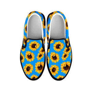 Blue Sunflower Pattern Print Black Slip On Sneakers