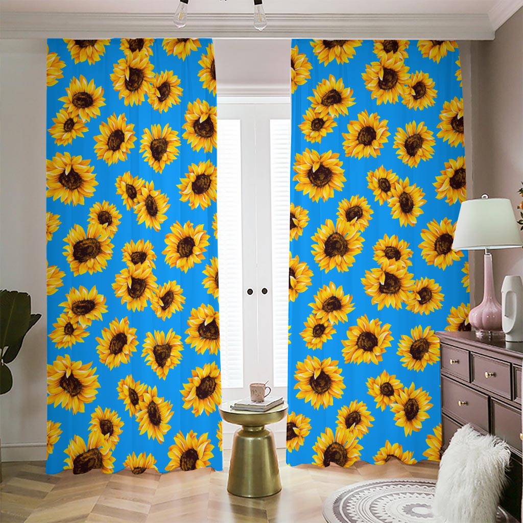 Blue Sunflower Pattern Print Blackout Pencil Pleat Curtains