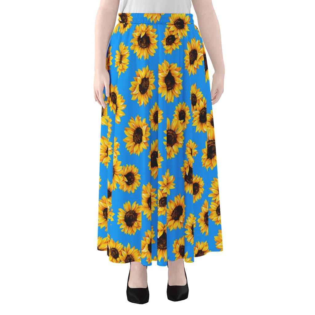 Blue Sunflower Pattern Print Chiffon Maxi Skirt