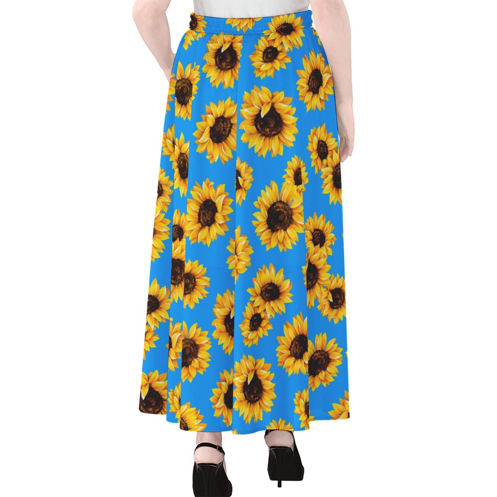 Blue Sunflower Pattern Print Chiffon Maxi Skirt