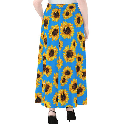 Blue Sunflower Pattern Print Chiffon Maxi Skirt