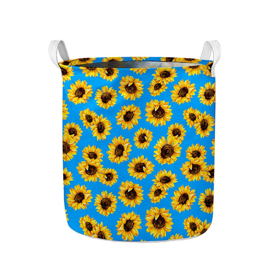 Blue Sunflower Pattern Print Collapsible Laundry Basket