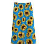 Blue Sunflower Pattern Print Cotton Front Slit Maxi Skirt