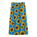 Blue Sunflower Pattern Print Cotton Front Slit Maxi Skirt