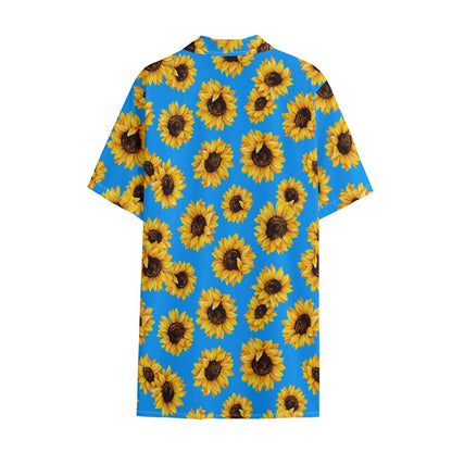 Blue Sunflower Pattern Print Cotton Hawaiian Shirt
