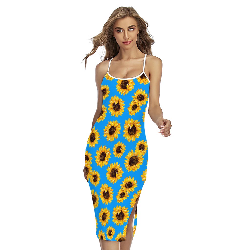 Blue Sunflower Pattern Print Cross Back Cami Dress