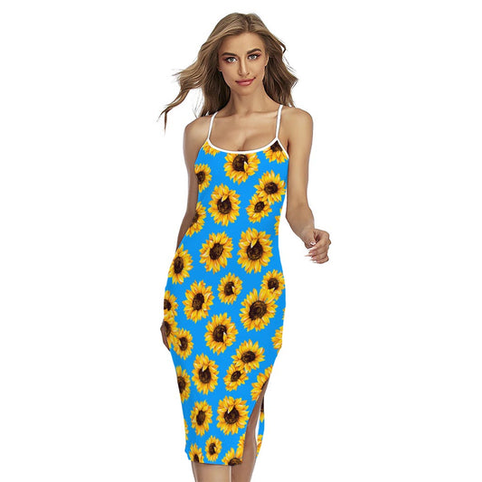 Blue Sunflower Pattern Print Cross Back Cami Dress