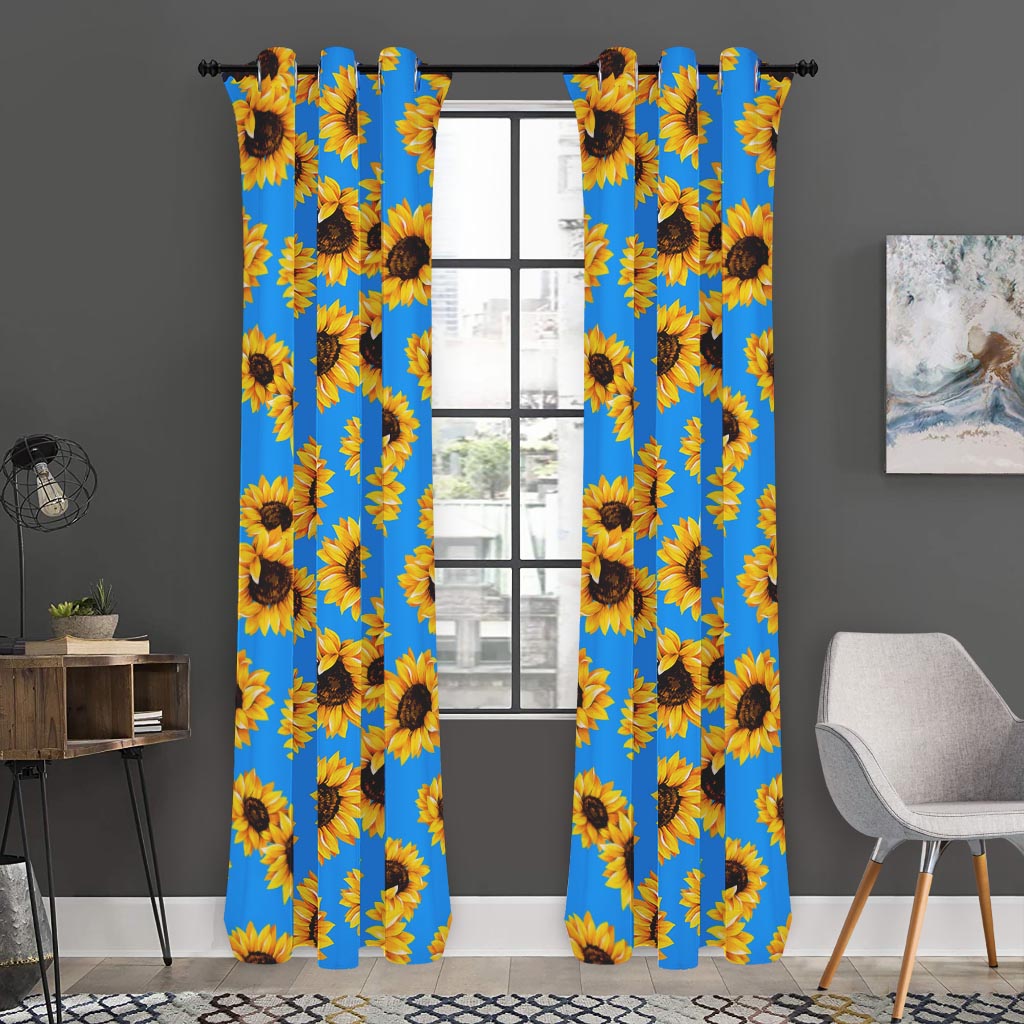 Blue Sunflower Pattern Print Curtain