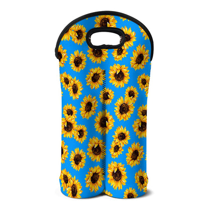 Blue Sunflower Pattern Print Double Neoprene Wine Tote