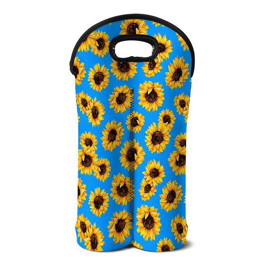 Blue Sunflower Pattern Print Double Neoprene Wine Tote