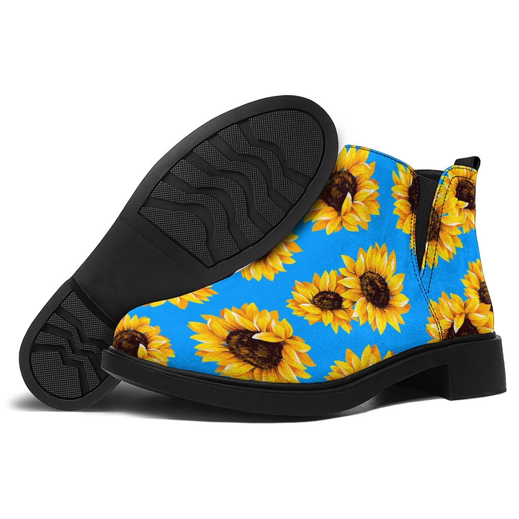Blue Sunflower Pattern Print Flat Ankle Boots