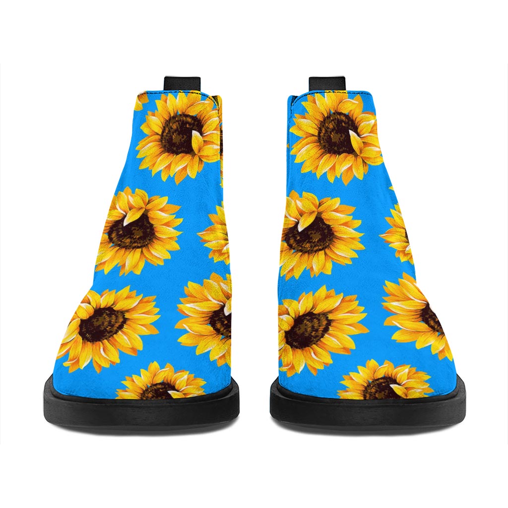Blue Sunflower Pattern Print Flat Ankle Boots