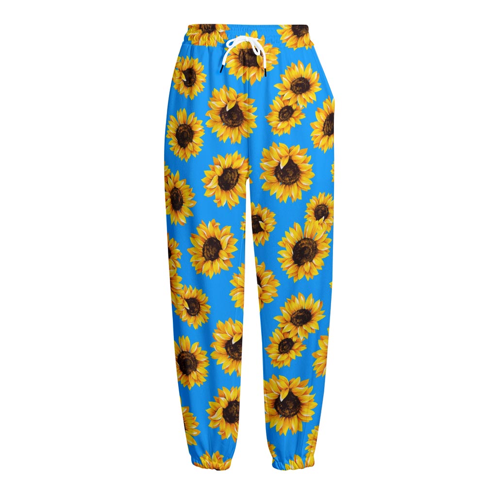 Blue Sunflower Pattern Print Fleece Lined Knit Pants