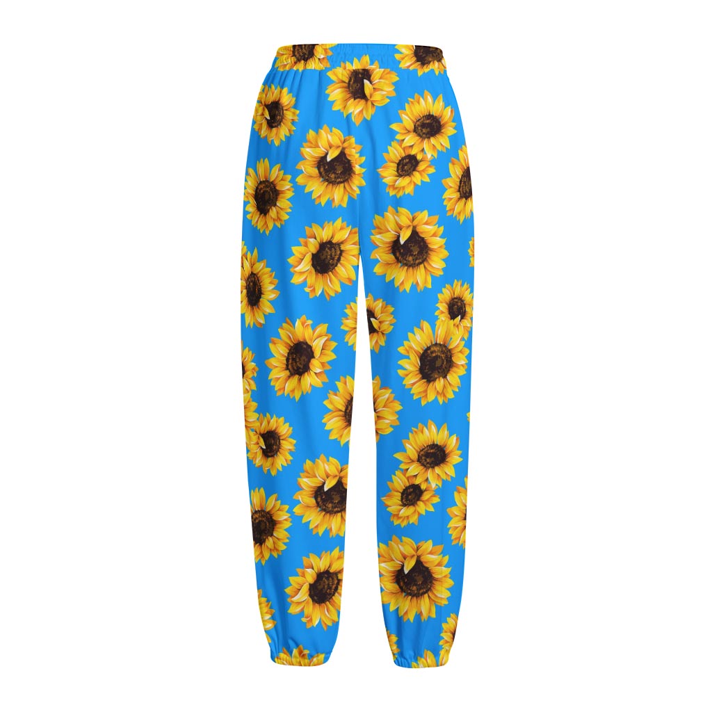 Blue Sunflower Pattern Print Fleece Lined Knit Pants