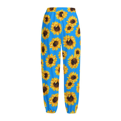 Blue Sunflower Pattern Print Fleece Lined Knit Pants
