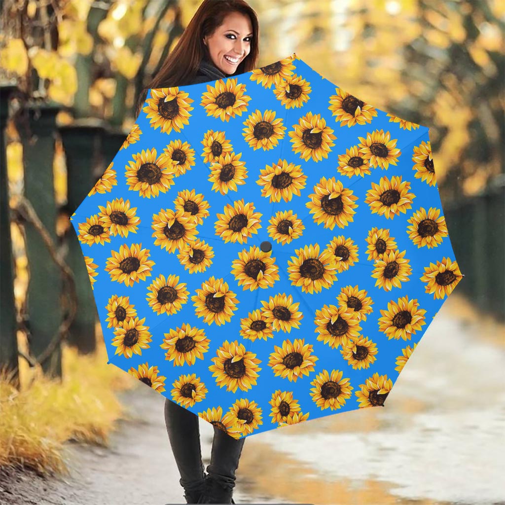 Blue Sunflower Pattern Print Foldable Umbrella