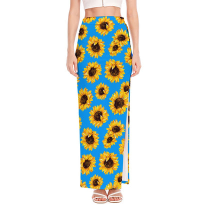 Blue Sunflower Pattern Print High Slit Maxi Skirt