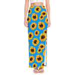 Blue Sunflower Pattern Print High Slit Maxi Skirt