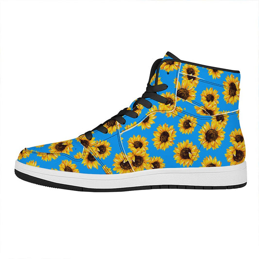 Blue Sunflower Pattern Print High Top Leather Sneakers