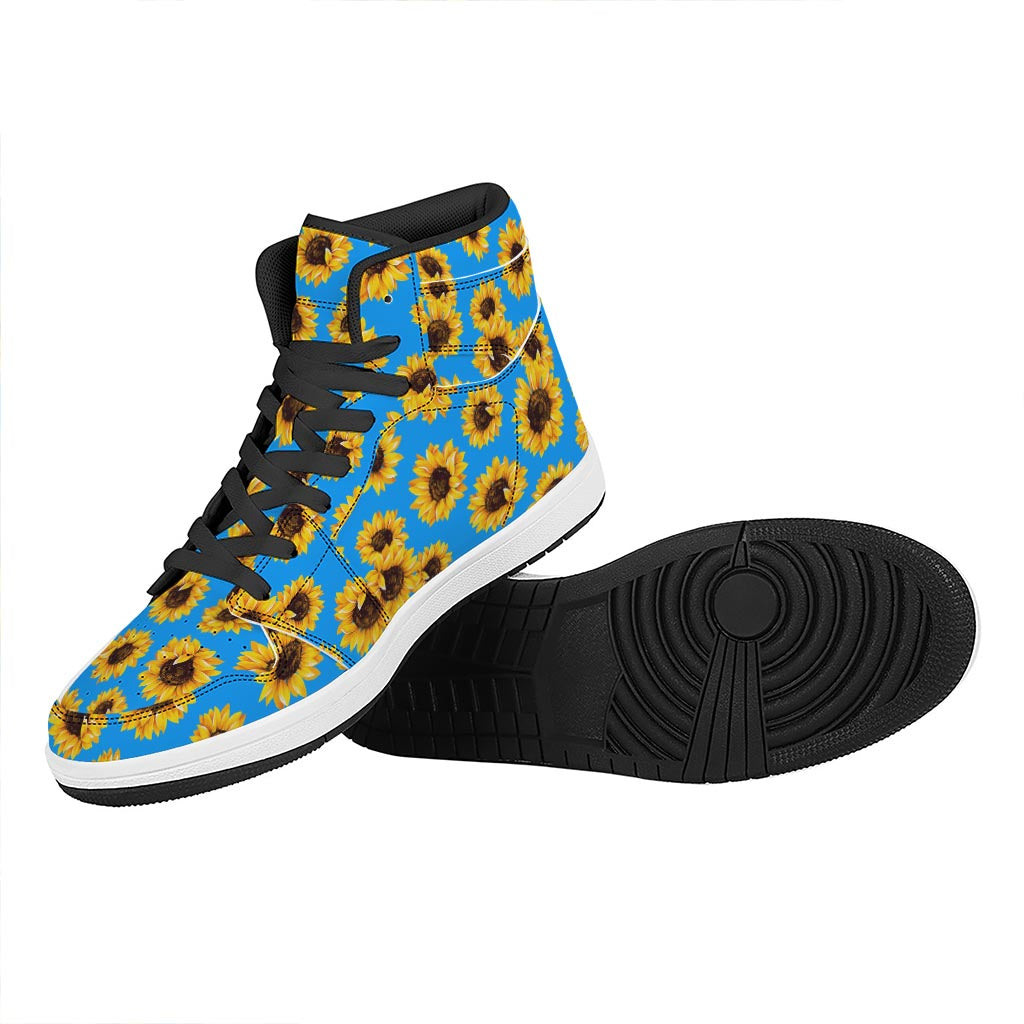 Blue Sunflower Pattern Print High Top Leather Sneakers