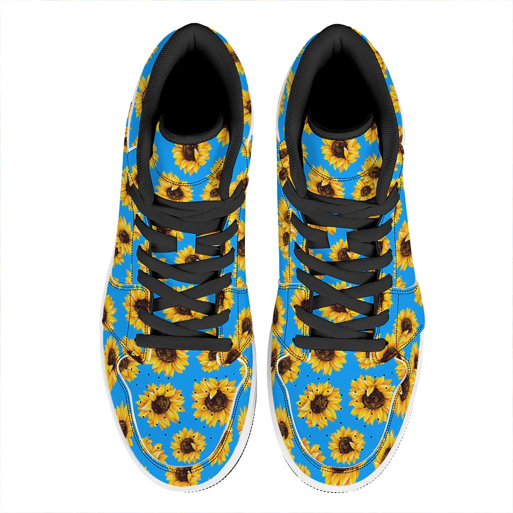Blue Sunflower Pattern Print High Top Leather Sneakers