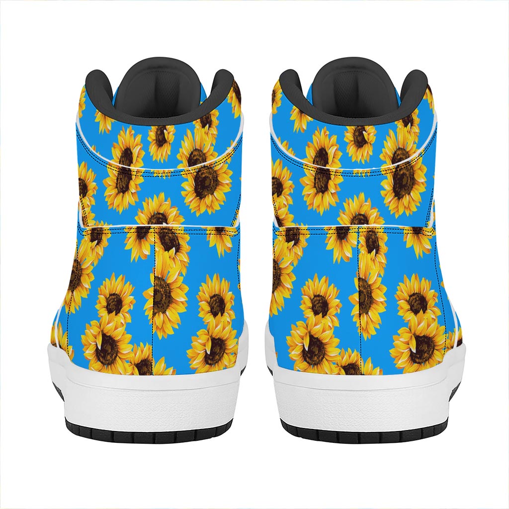 Blue Sunflower Pattern Print High Top Leather Sneakers