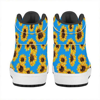 Blue Sunflower Pattern Print High Top Leather Sneakers