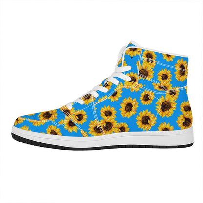 Blue Sunflower Pattern Print High Top Leather Sneakers