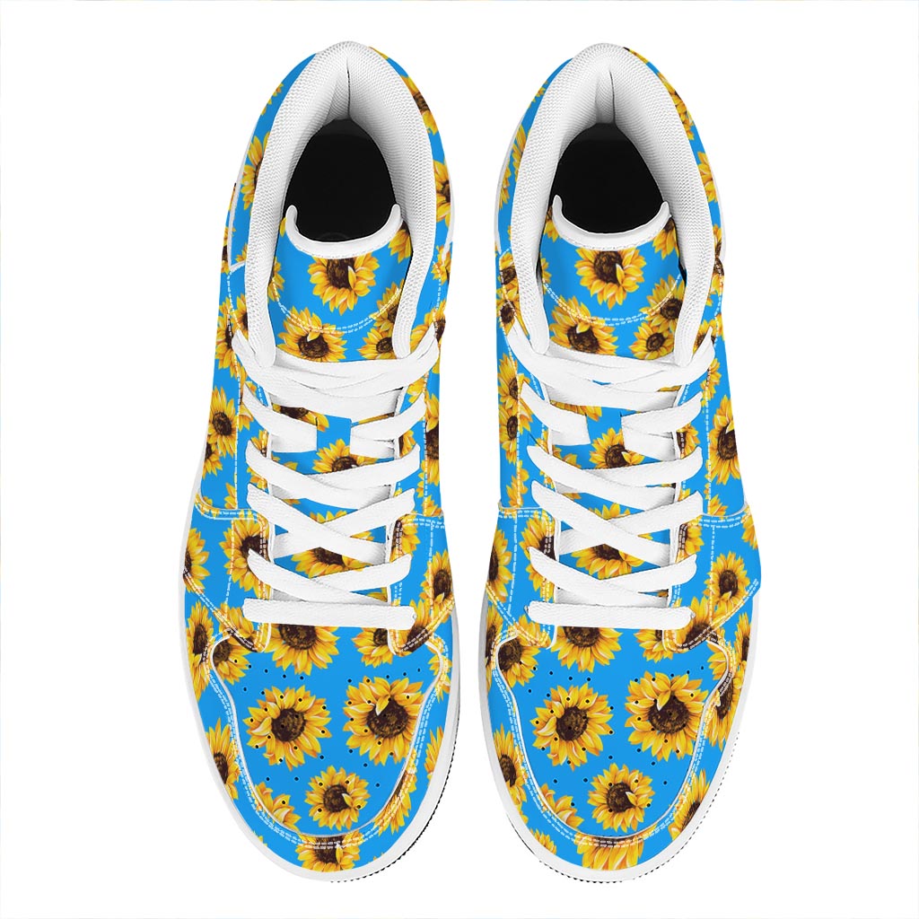 Blue Sunflower Pattern Print High Top Leather Sneakers