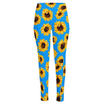 Blue Sunflower Pattern Print High-Waisted Pocket Leggings