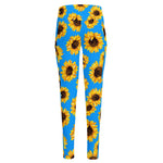 Blue Sunflower Pattern Print High-Waisted Pocket Leggings