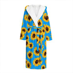 Blue Sunflower Pattern Print Hooded Bathrobe