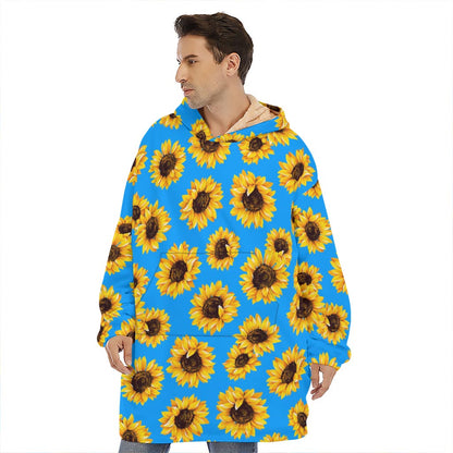Blue Sunflower Pattern Print Hoodie Blanket