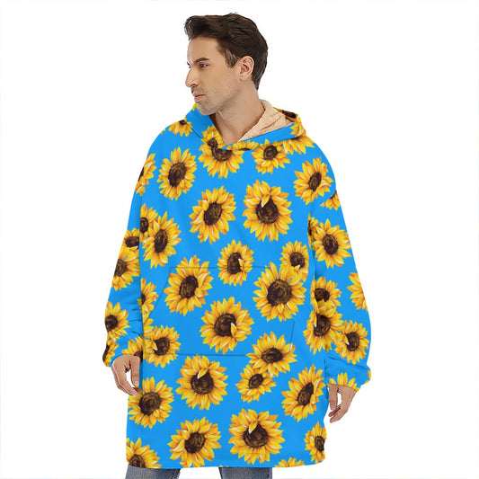 Blue Sunflower Pattern Print Hoodie Blanket
