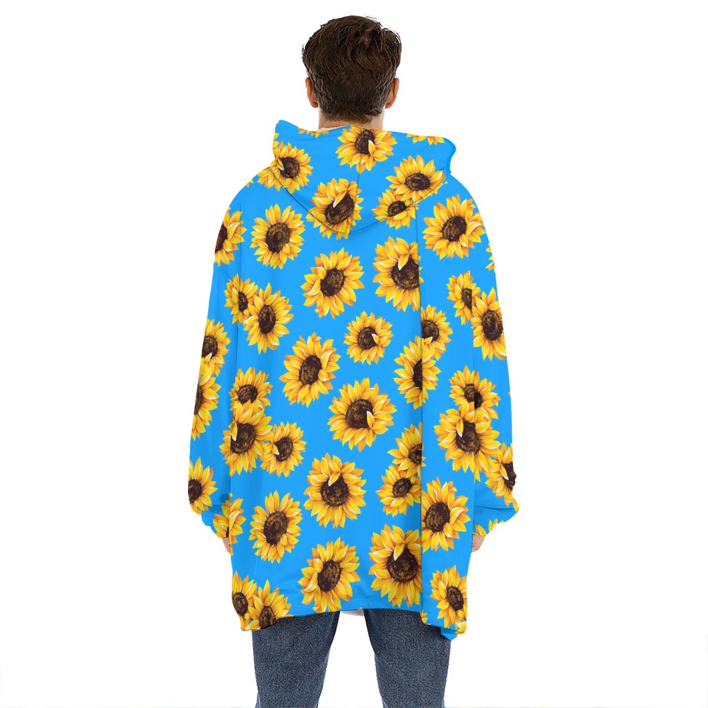 Blue Sunflower Pattern Print Hoodie Blanket