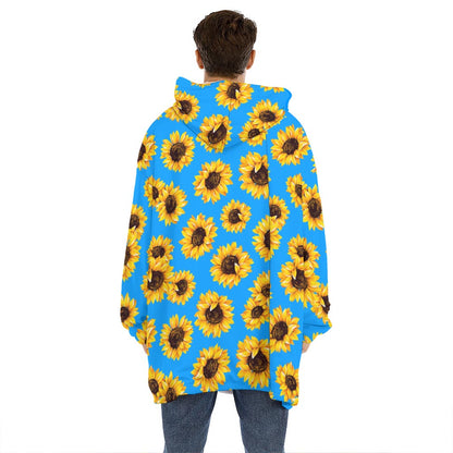Blue Sunflower Pattern Print Hoodie Blanket