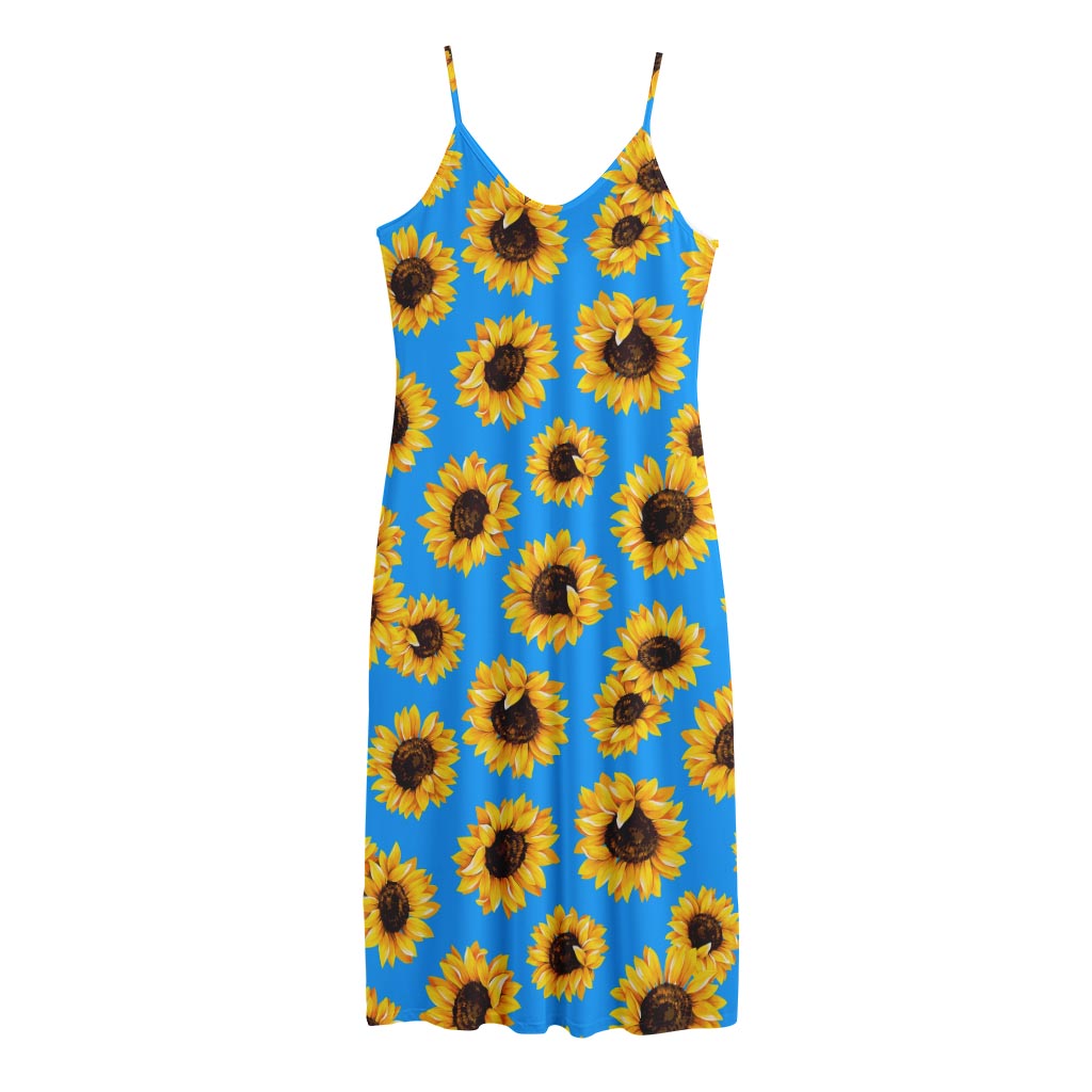 Blue Sunflower Pattern Print Jersey Midi Cami Dress