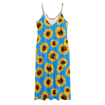 Blue Sunflower Pattern Print Jersey Midi Cami Dress