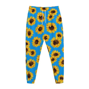 Blue Sunflower Pattern Print Jogger Pants