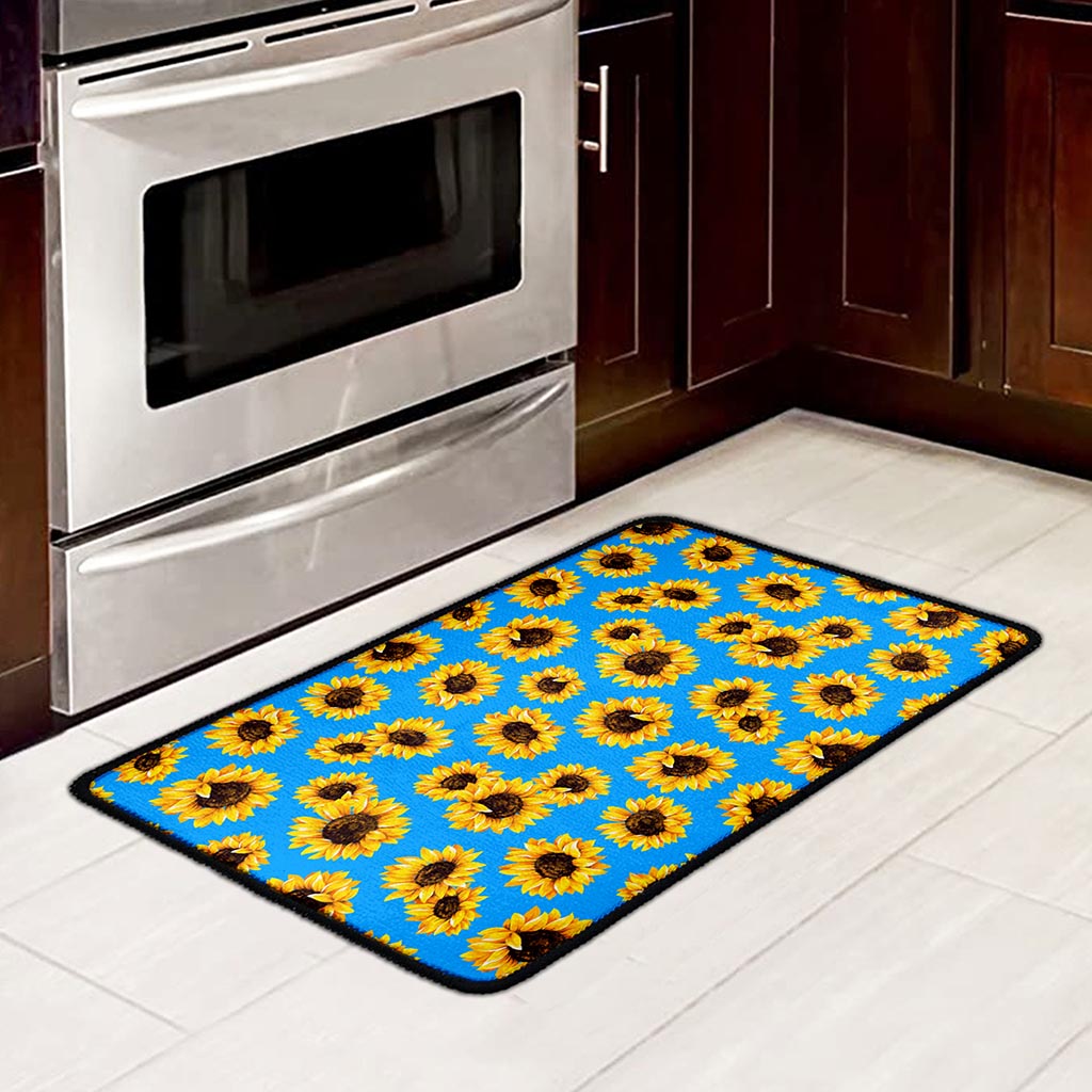 Blue Sunflower Pattern Print Kitchen Mat