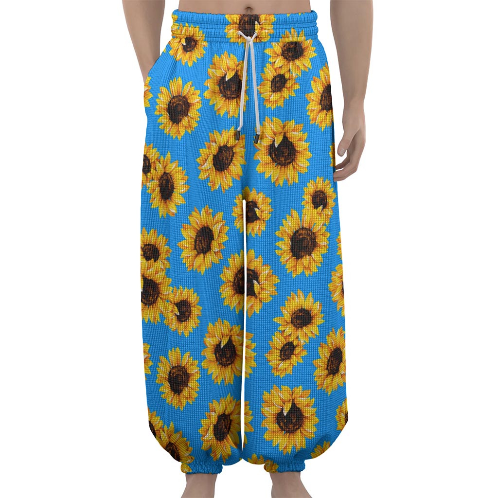 Blue Sunflower Pattern Print Lantern Pants