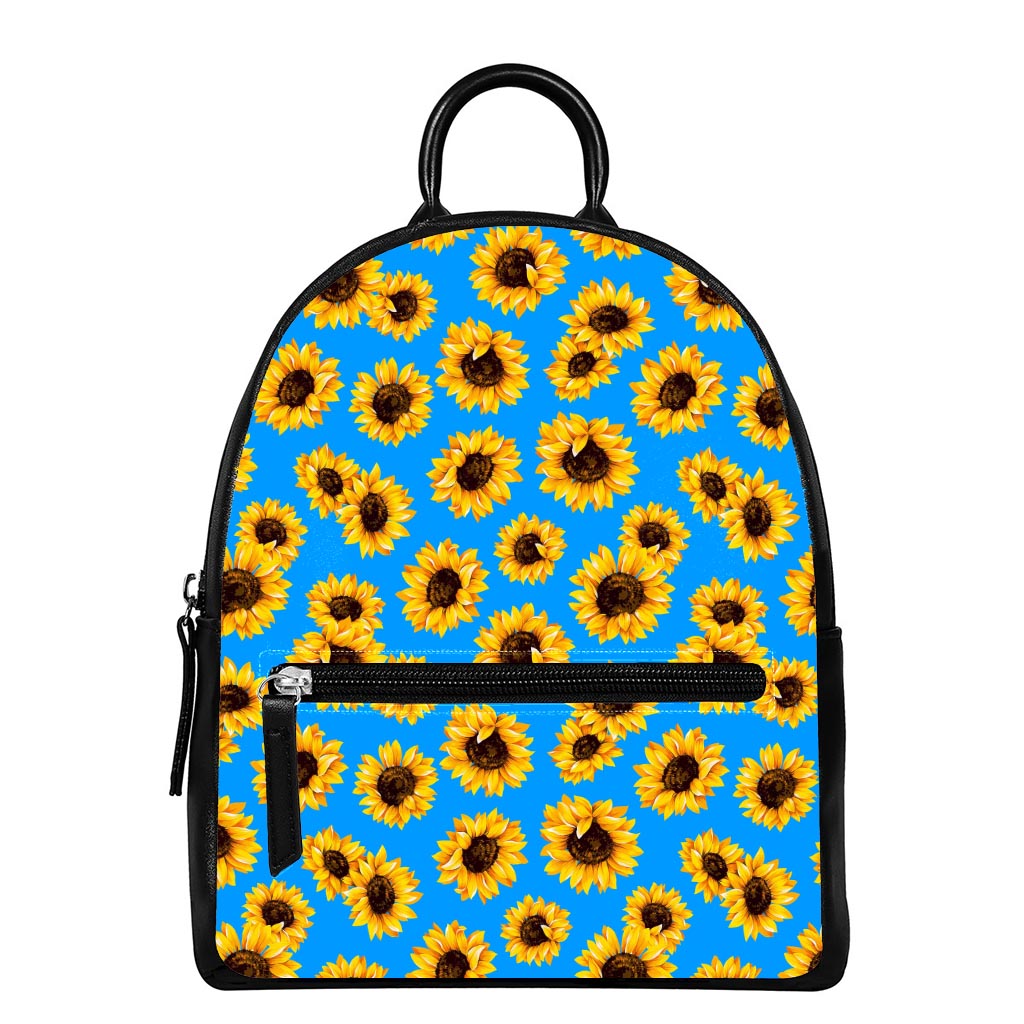 Blue Sunflower Pattern Print Leather Backpack