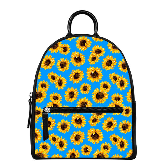Blue Sunflower Pattern Print Leather Backpack
